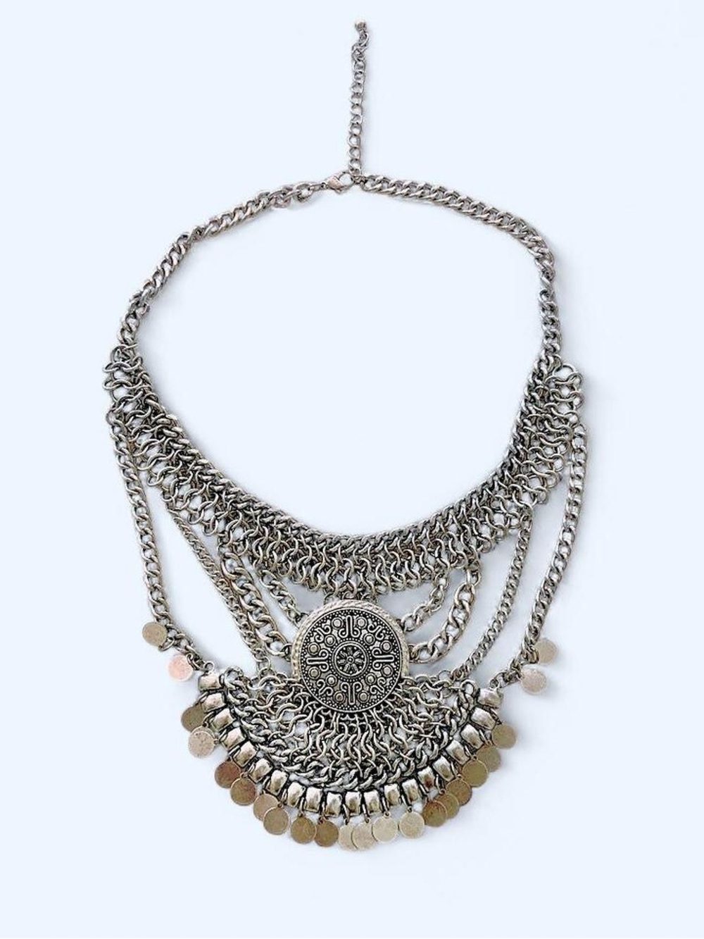 Silver tone multi-layered choker bib necklace